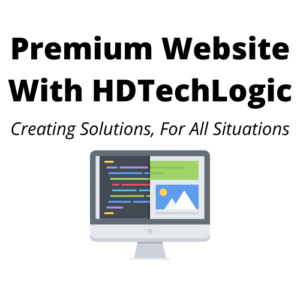 Includes text that says "Premium Website With HDTechLogic" followed by the HDTechLogic subtitle. There's then a computer monitor with website icon.